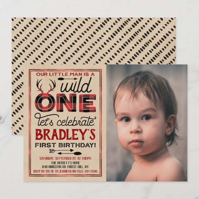 Vild 1 Boys Rustic Play Lumberjack 1:a födelsedage Inbjudningar (Fram/baksida)