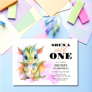 Vild 1 Cute Baby Dragon Fairytale 1:a födelsedagen Inbjudningar