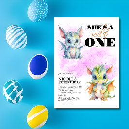 Vild 1 Cute Baby Dragon Fantasy 1 födelsedag Inbjudningar