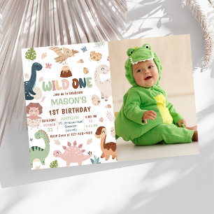 Vild 1 Cute Dinosaur 1:a födelsedag Party foto Inbjudningar