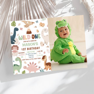 Vild 1 Cute Dinosaur 1:a födelsedag Party foto Inbjudningar