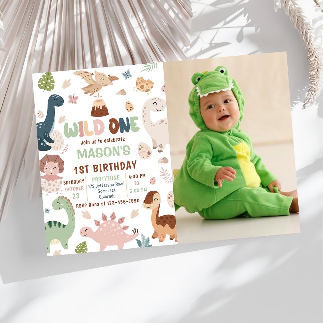 Vild 1 Cute Dinosaur 1:a födelsedag Party foto Inbjudningar (Skapare uppladdad)
