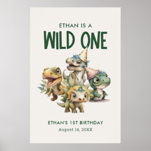 Vild 1 Cute Dinosaur Första Födelsedagsfesten Poster