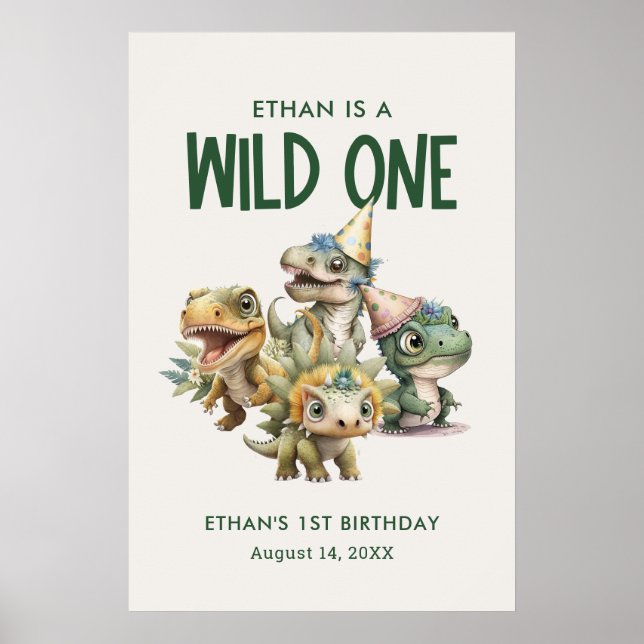 Vild 1 Cute Dinosaur Första Födelsedagsfesten Poster (Framsidan)