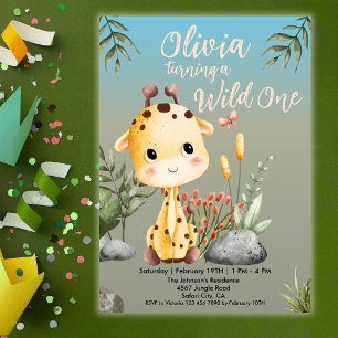 Vild 1 Cute Giraf Safari Animals 1:a födelsedag Inbjudningar