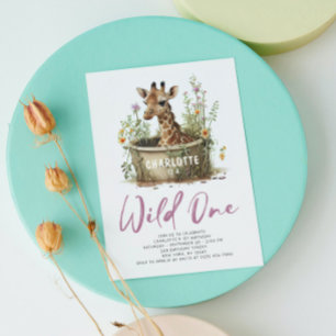 Vild 1 Cute Giraffe 1:a födelsedagen Boho Animal Inbjudningar