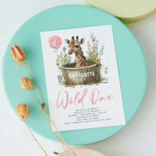 Vild 1 Cute Giraffe 1:a födelsedagen Boho Animal Inbjudningar