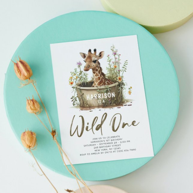 Vild 1 Cute Giraffe 1:a födelsedagen Boho Animal Inbjudningar (Skapare uppladdad)