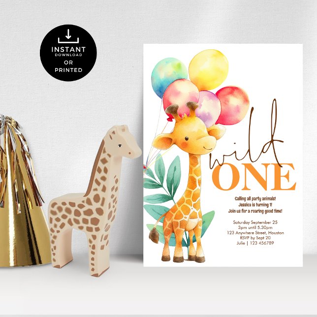 Vild 1 Cute Giraffe 1:a födelsedagen Party Inbjudningar (Skapare uppladdad)