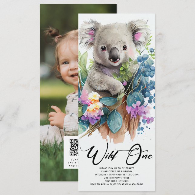 Vild 1 Cute Koala 1:a födelsedagsfoto Inbjudningar (Fram/baksida)