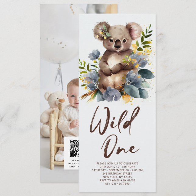 Vild 1 Cute Koala 1:a födelsedagsfoto Inbjudningar (Fram/baksida)