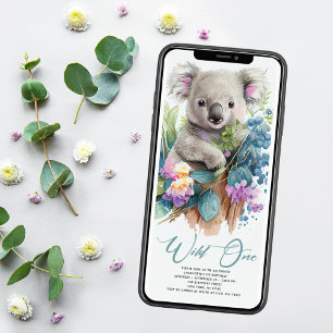 Vild 1 Cute Koala 1:a födelsedagsfoto Inbjudningar