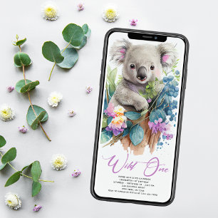 Vild 1 Cute Koala 1:a födelsedagsfoto Inbjudningar