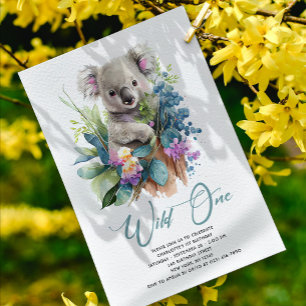 Vild 1 Cute Koala 1:a födelsedagsfoto Inbjudningar