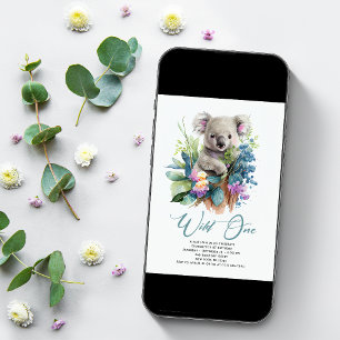 Vild 1 Cute Koala 1:a födelsedagsfoto Inbjudningar