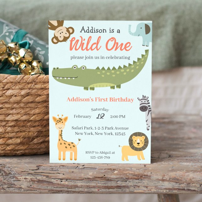 Vild 1 Cute Safari-djur 1:a födelsedagen Inbjudningar (Wild One African Safari Animals 1st Birthday Party Invitation)