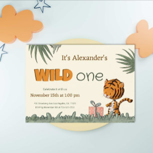 Vild 1 Cute Tiger Jungle First Birthday Invati Inbjudningar