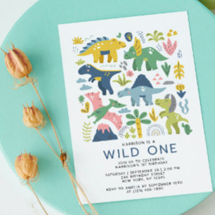 Vild 1 Dino Party Cute Modern Dinosaurs först Inbjudningar