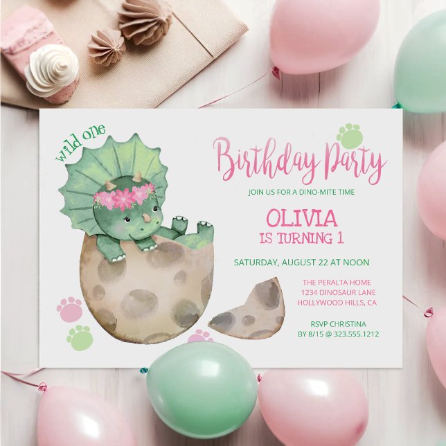 Vild 1 Dinosaur Triceratops Girl's 1st Birthday Inbjudningar (Skapare uppladdad)