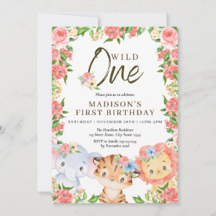 Vild 1 Djurens Rosa Blommor födelsedag Inbjudningar