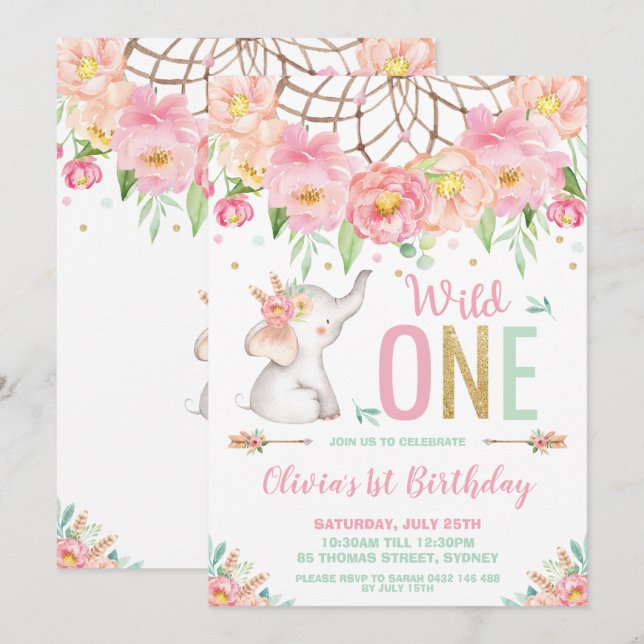 Vild 1 Elephant 1st Birthday Boho Rosa Blommigt Inbjudningar (Fram/baksida)