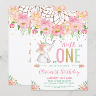 Vild 1 Elephant 1st Birthday Boho Rosa Blommigt Inbjudningar