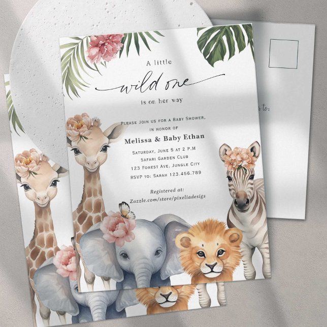 Vild 1 Flicka Shower, Cute Safari Thmet Inbjudan Vykort (Wild One Safari Baby Animals, Baby Girl Shower. A wild One is on Her way, A Cute Baby Shower invite.)