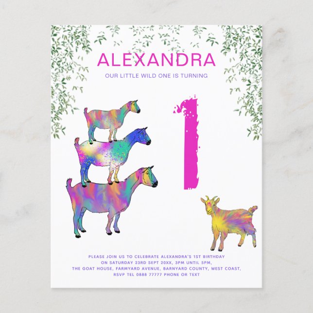 Vild 1 Flickor Goats 1:a födelsedag Party budget Flygblad (Framsidan)