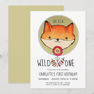 Vild 1 Fox Girl's 1st Birthday Inbjudningar