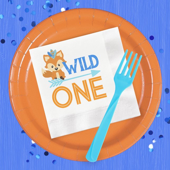 Vild 1 Fox Woodland 1:a födelsedag Pappra blöjor Pappersservett (Forest Fox Wild One 1st Birthday Party Napkins in Royal Blue, Baby Blue and Orange)