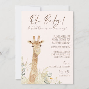 Vild 1 Giraffe  Blommigt Kön Neutral Baby Inbjudningar