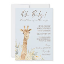 Vild 1 Giraffe Blommigt Pastel Blue Boy Baby Invit