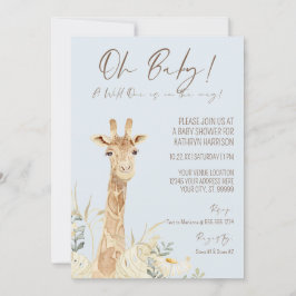 Vild 1 Giraffe Blommigt Pastel Blue Boy Baby Invit Inbjudningar