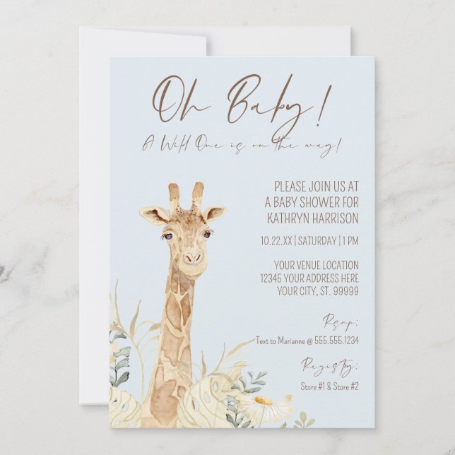 Vild 1 Giraffe Blommigt Pastel Blue Boy Baby Invit Inbjudningar (Framsida)