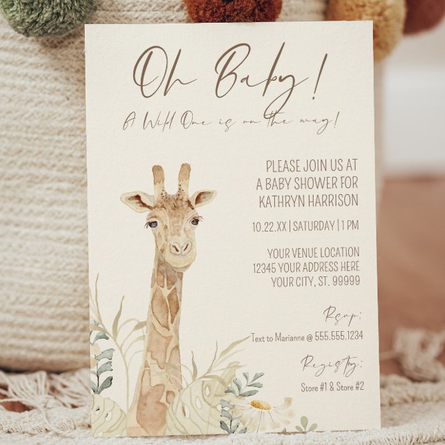 Vild 1 Giraffe Daisy Blommigt Kön Neutral Baby Inbjudningar (Skapare uppladdad)