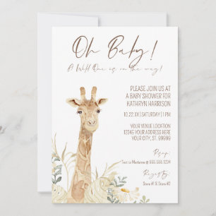 Vild 1 Giraffe White Blommigt Kön Neutral Baby Inbjudningar