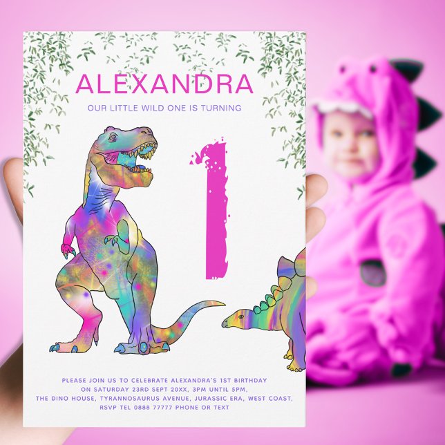 Vild 1 Girls T Rex 1:a födelsedagen Party Inbjudningar (Girls wild one dinosaur 1st birthday party invitation with colorful T-Rex and Stegosaurus dino fun)