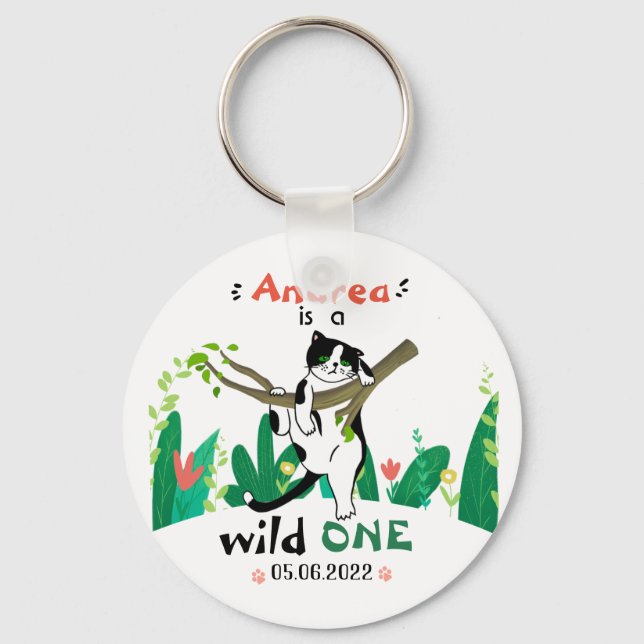 Vild 1 Greenery Safari Kattunge 1:a födelsedag Nyckelring (Framsida)