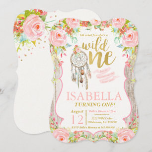 Vild 1-inbjudan Flicka Boho Dreamcatcher Party Inbjudningar