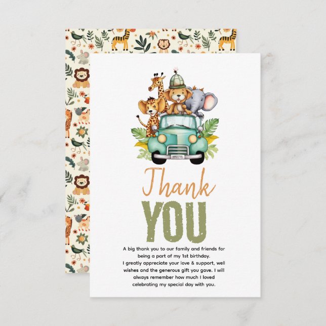 Vild 1 Jungle Äventyr 1:a födelsedagen Tack Kort (Fram/baksida)