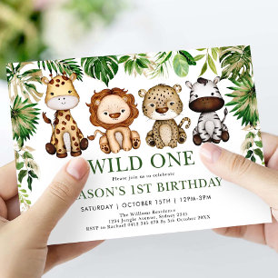 Vild 1 Jungle Safari Animals Boy 1:a födelsedagen Inbjudningar