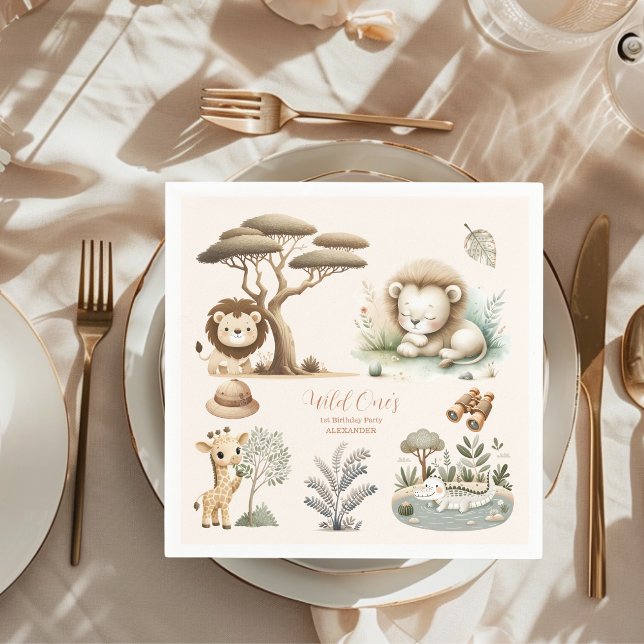 Vild 1 Jungle Safari Animals Boy 1:a födelsedagen Pappersservett (Skapare uppladdad)