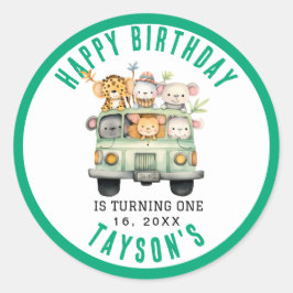 Vild 1 Jungle Safari Animals Boy 1:a födelsedagen Runt Klistermärke