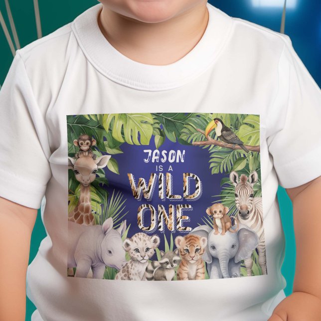 Vild 1, Jungle Safari Animals, Pojke 1:a T Shirt (Wild One, Navy Blue, Boy 1st birthday T-shirt)