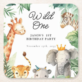 Vild 1 Jungle Safari Birthday Underlägg Papper Kvadrat