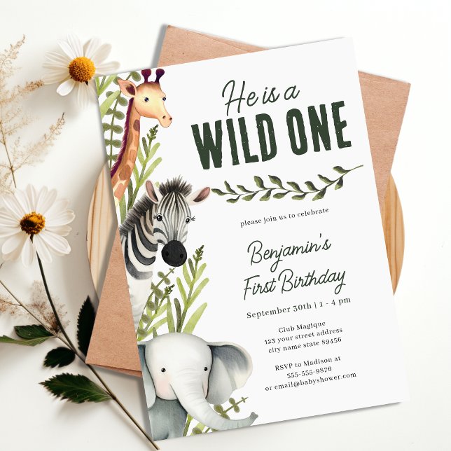 Vild 1 Jungle Safari Greenery 1:a födelsedagen Par Inbjudningar (Wild One Jungle Safari Greenery 1st Birthday Party Invitation)