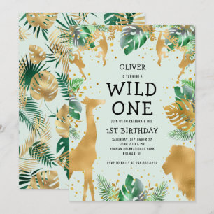 Vild 1 Jungle Safari Grönt Guld 1:a födelsedagen Inbjudningar