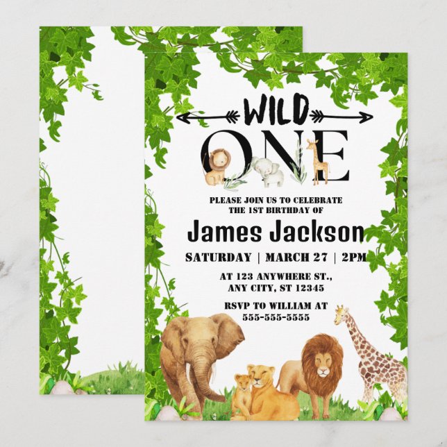 Vild 1 Jungle Safari Kids 31:a födelsedagen Inbjudningar (Fram/baksida)
