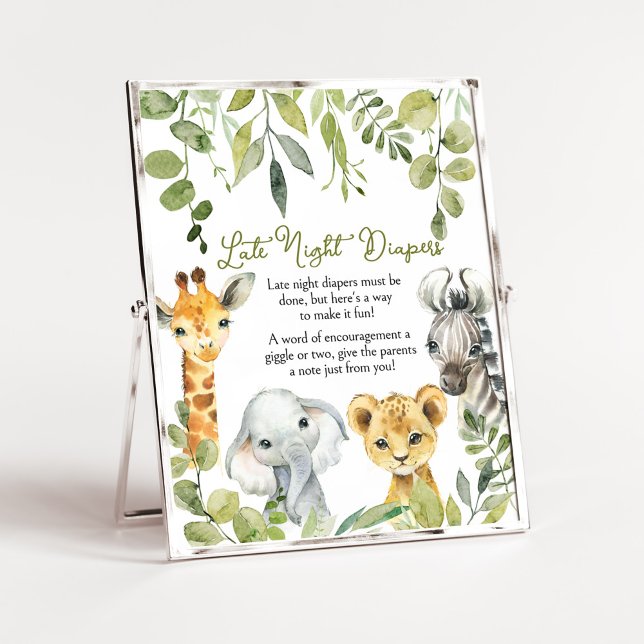 Vild 1 Jungle Safari Late Night Diaper Poster (Greenery Animals Baby Shower  Late Night Diapers Sign)