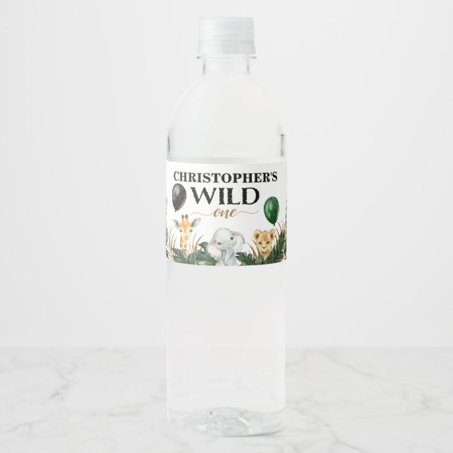 Vild 1 Jungle Safari Thned 1:a födelsedagen Party Vattenflaskor Etikett (Framsida)